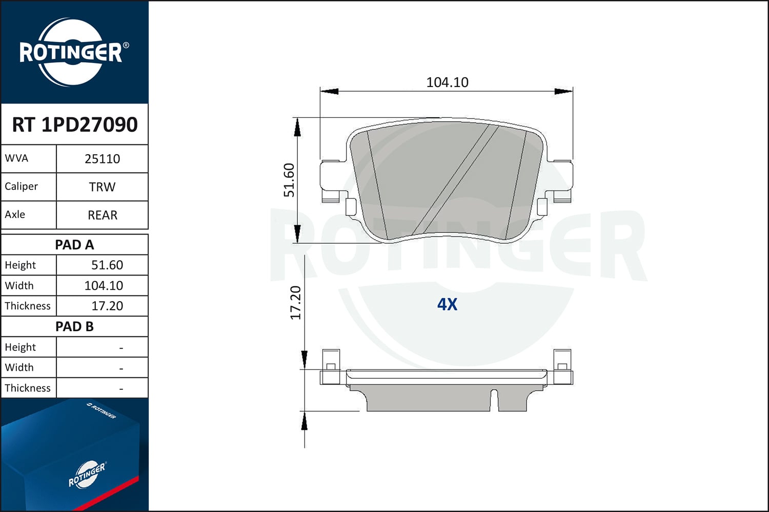 Brake Pad Set, disc brake ROTINGER RT 1PD27090