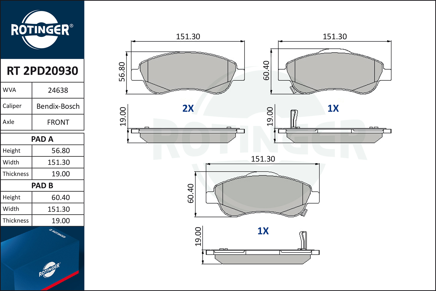 Brake Pad Set, disc brake ROTINGER RT 2PD20930