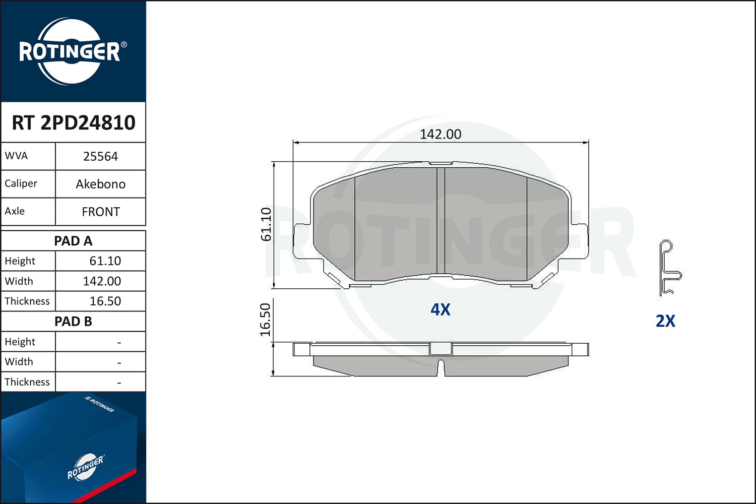 Brake Pad Set, disc brake ROTINGER RT 2PD24810