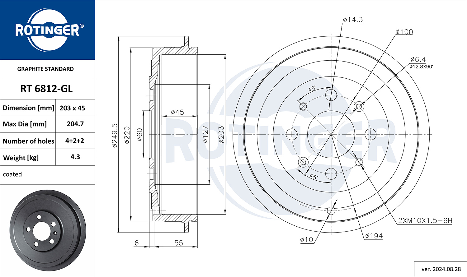 Brake Drum ROTINGER RT 6812-GL