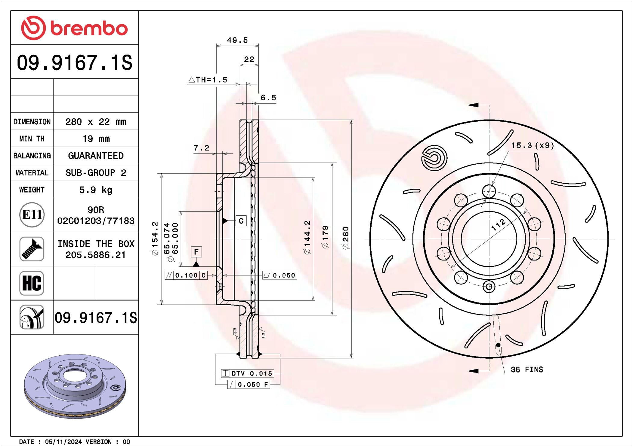 Brake Disc BREMBO 09.9167.1S