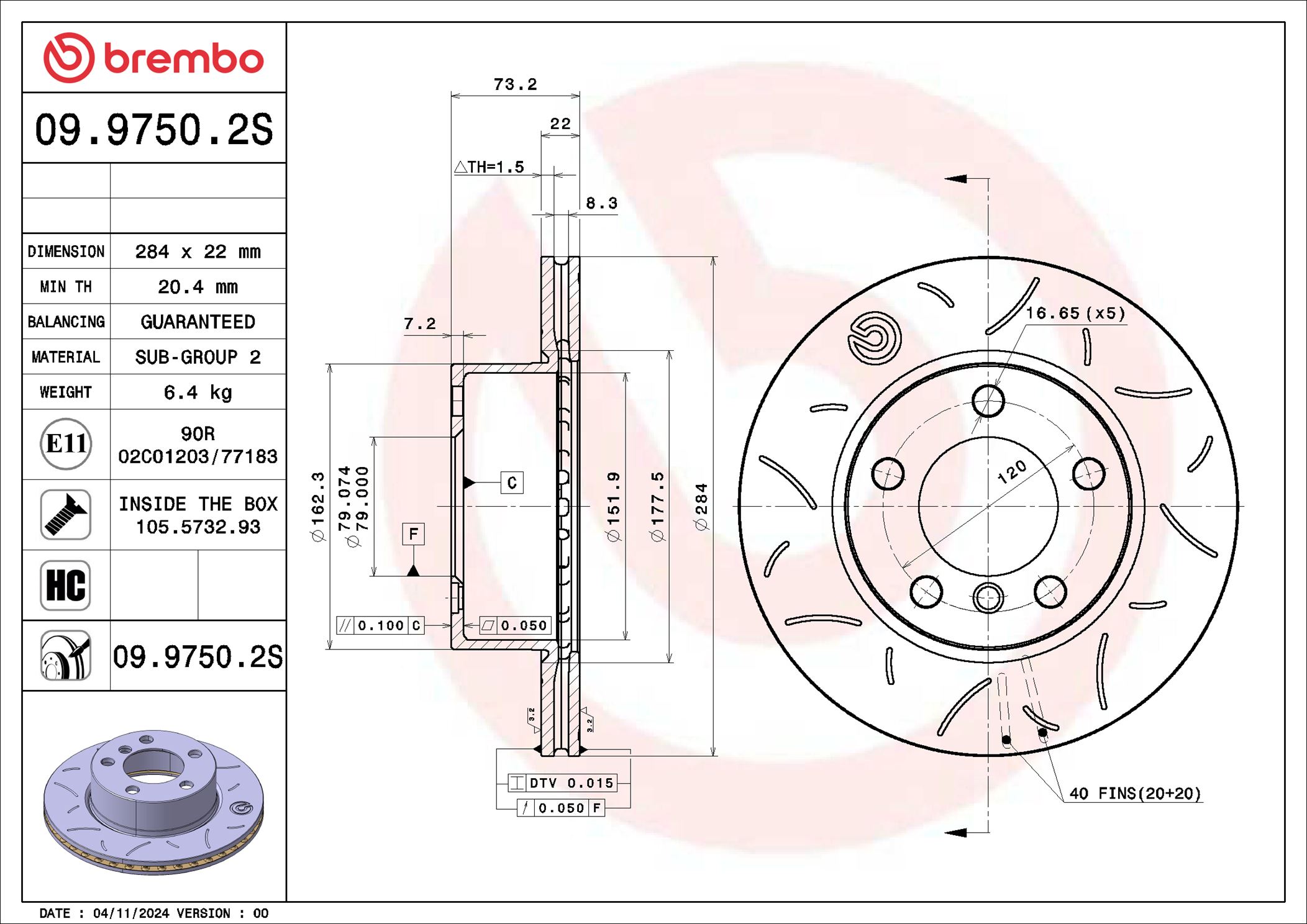 Tarcza hamulcowa BREMBO 09.9750.2S