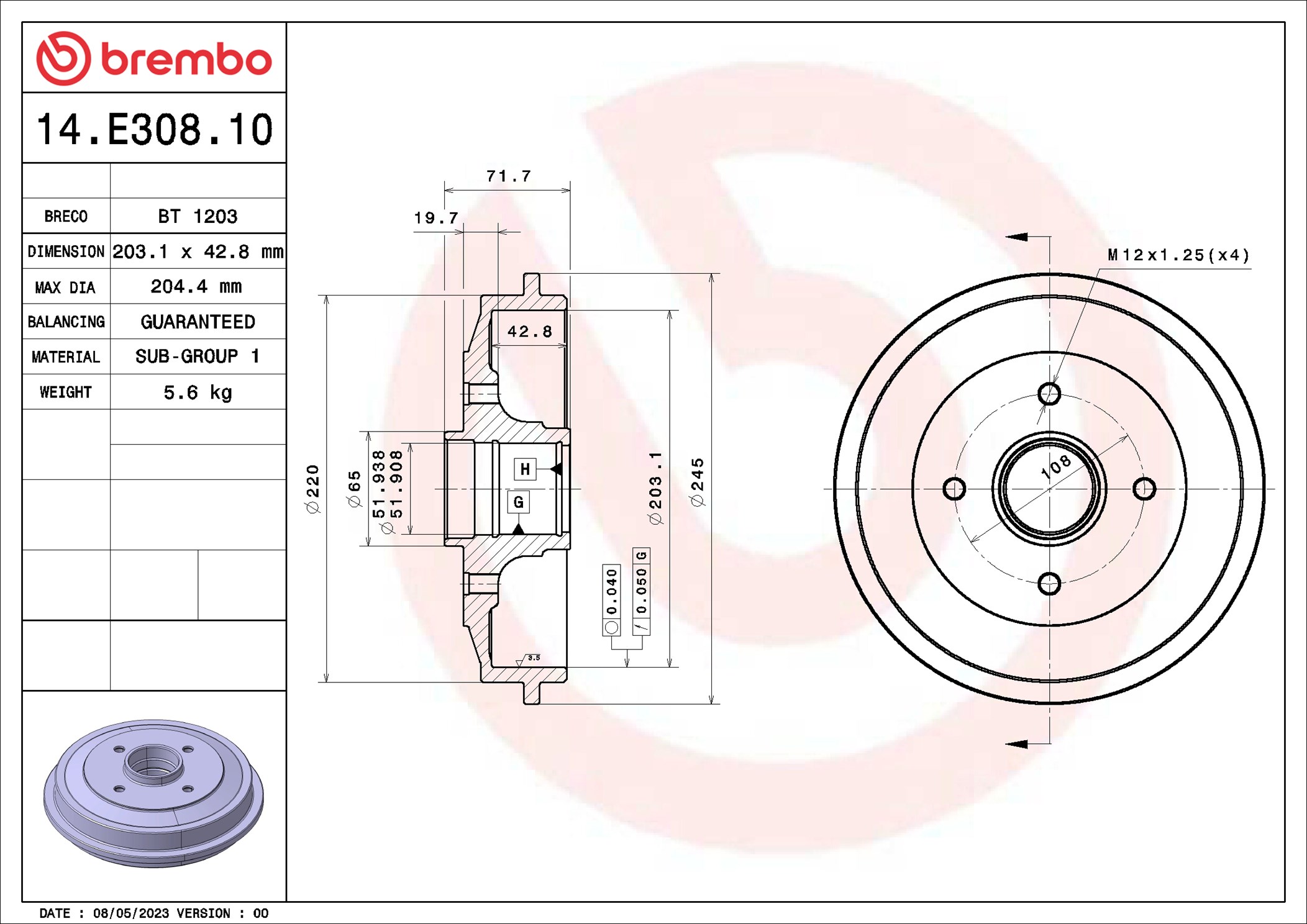 Brake Drum BREMBO 14.E308.10